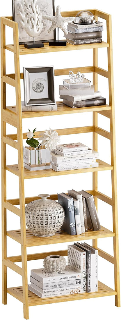 Ladder Shelf, 5-Tier Bookshelf, All Bamboo Heavy Duty Bookcase, Freestanding by VOVALACraftingDreamHomes