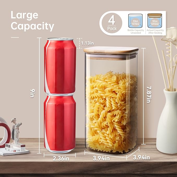 Square Glass Jars with Bamboo Lids 53 FL OZ, Glass Canisters with Airtight Lid - Image 2