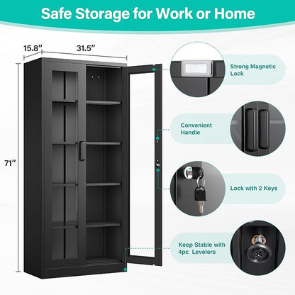 Metal Storage Cabinet with Lock and Glass Doors, Glass Display Cabinet - Image 8