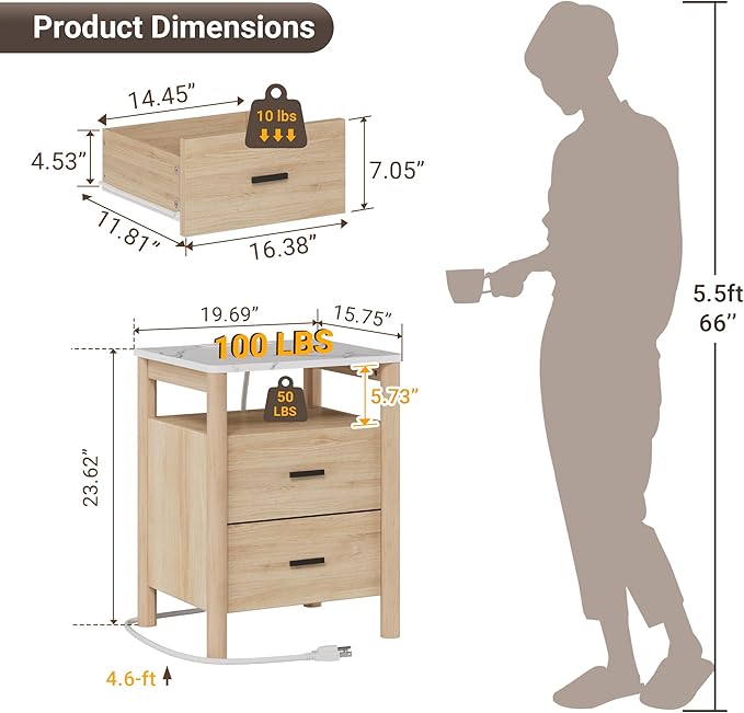 Night Stand Set of 2 with Charging Station, 2 Drawers End Table with Solid - Image 2