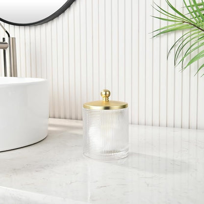 Clear Transparent Apothecary Ribbed Geometric Etched Glass Jar W/Gold Lid Cover - Image 4