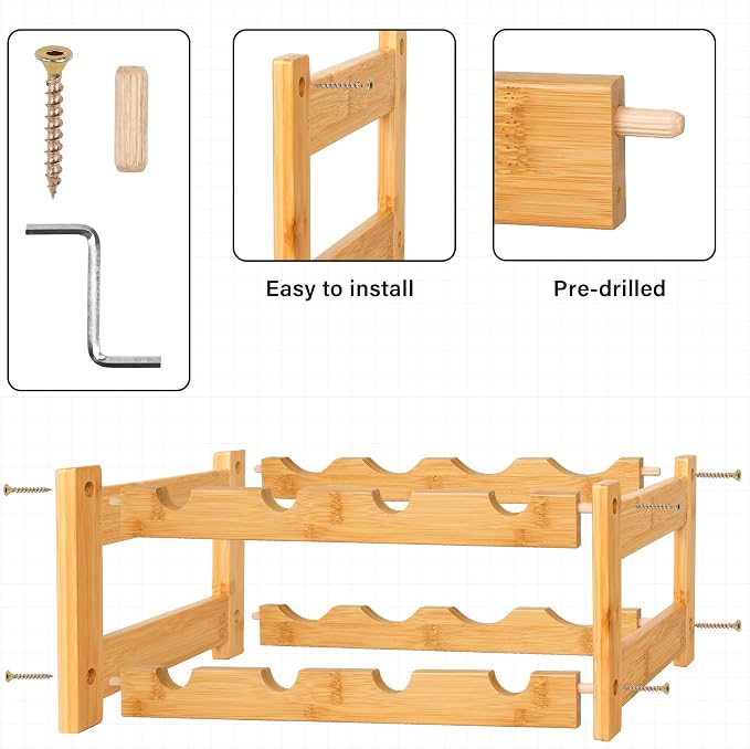 VASMIA Wine Rack, 2-Tier Bamboo Wine Racks Countertop Cabinet Wine Holder Wine - Image 5
