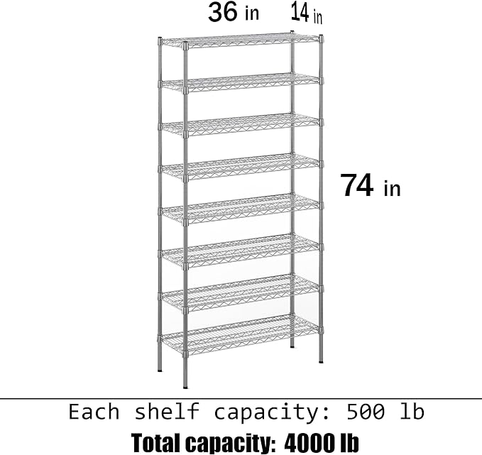 14" Deep x 36" Wide x 74" Height Wire Shelving Kit | 8-Tier | NSF Commercial - Image 3