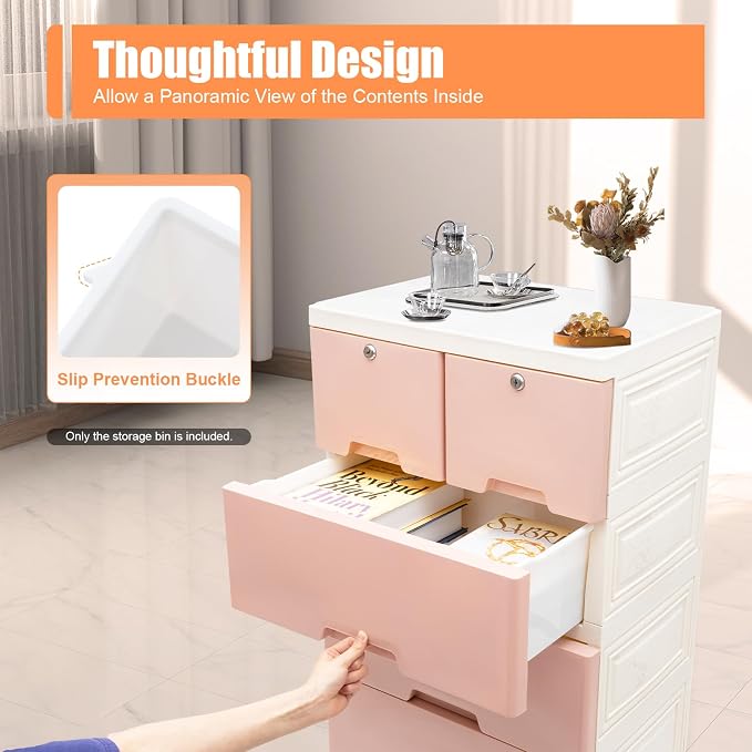 5-Layers Plastic Dresser with 6 Drawers Movable Chest of Drawers Locked Storage - Image 7