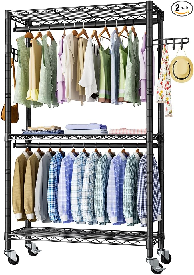 Heavy Duty Clothes Rack Rolling Garment Rack, 3 Tier Adjustable Wire Shelving by Golpart