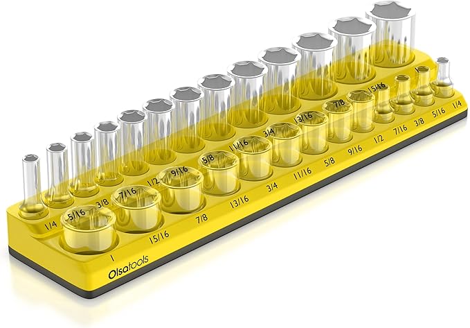 Olsa Tools Magnetic Socket Organizer | 3/8-inch Drive | SAE | Yellow | Holds 16 by OlsaTools