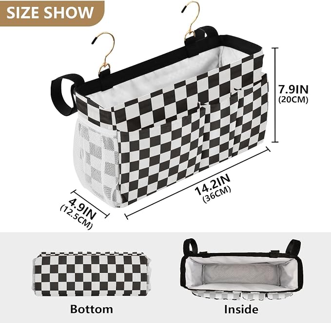 Checkered Black Bedside Caddy for Dorm Bed Bedside Hanging Caddy Bag Iron Frame - Image 4