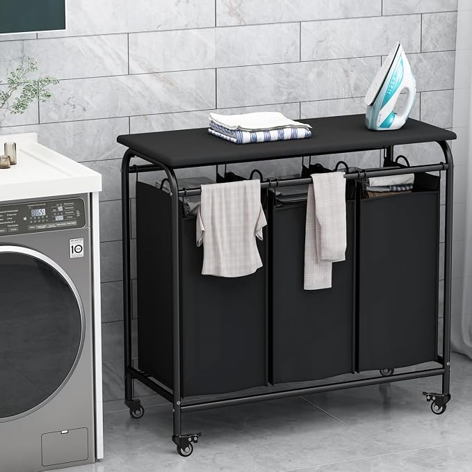 LINZINAR 3 Bag Laundry Basket Sorter Heavy Duty Rolling Lockable Wheels Laundry - Image 2