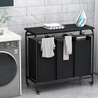 LINZINAR 3 Bag Laundry Basket Sorter Heavy Duty Rolling Lockable Wheels Laundry - Image 2