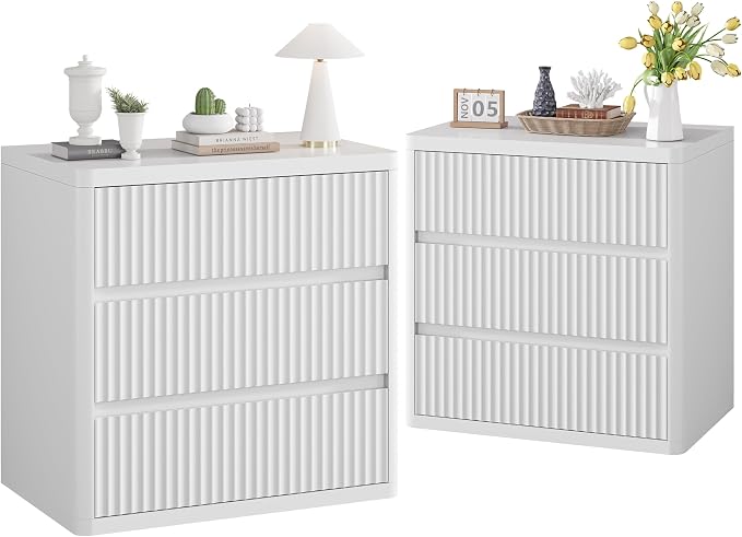 White Nightstand Set of 2, 3 Drawers Night Stand Set, Mid Century Modern Bed by StandifurnoFurniture
