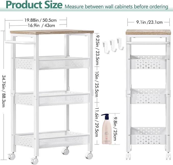 Utility Slim Storage Cart with Wheels, 4 Tier Small Rolling Cart with Wood Top - Image 4