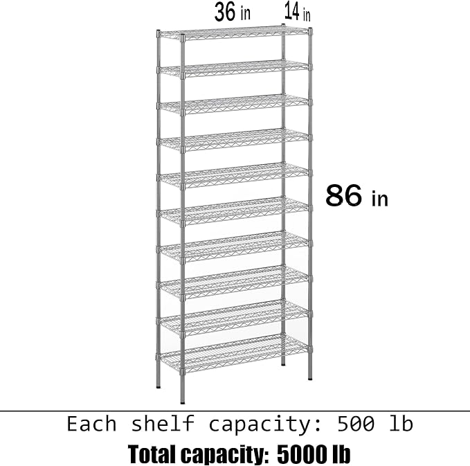14" Deep x 36" Wide x 86" Height Wire Shelving Kit | 10-Tier | NSF Commercial - Image 3