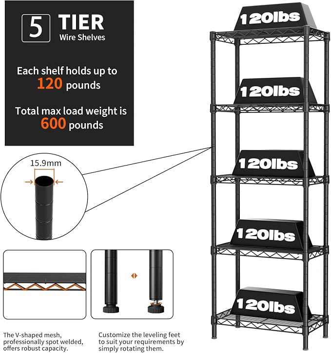 Small 5 tire Shelves Storage Wire Shelving Unit Metal Shelf Adjustable - Image 5