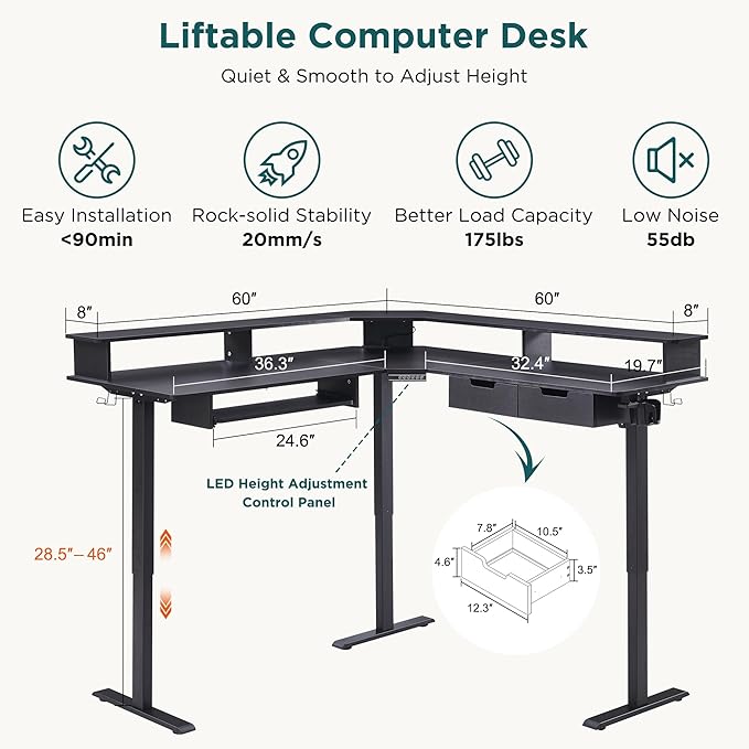 RedLemon 60 Inches L Shaped Electric Standing Desk, Height Adjustable Corner - Image 2