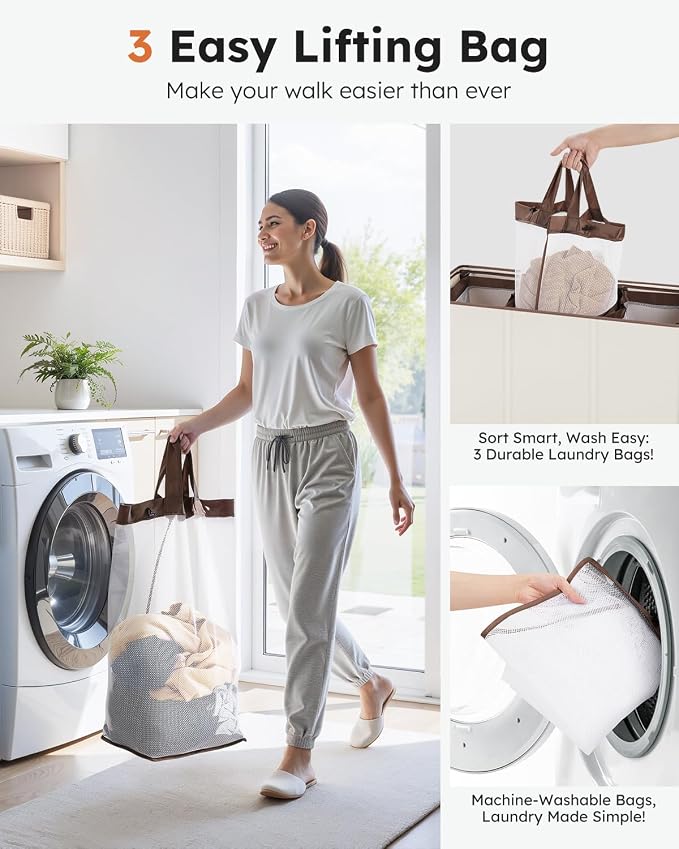 SOLEDI 180L Laundry Hamper 3 Section, Extra Large Laundry Hamper - Image 4