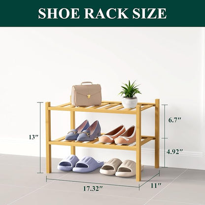 Smiry Bamboo Shoe Rack for Closet, 2 Tier Small Wooden Stackable Shoe Organizer - Image 2
