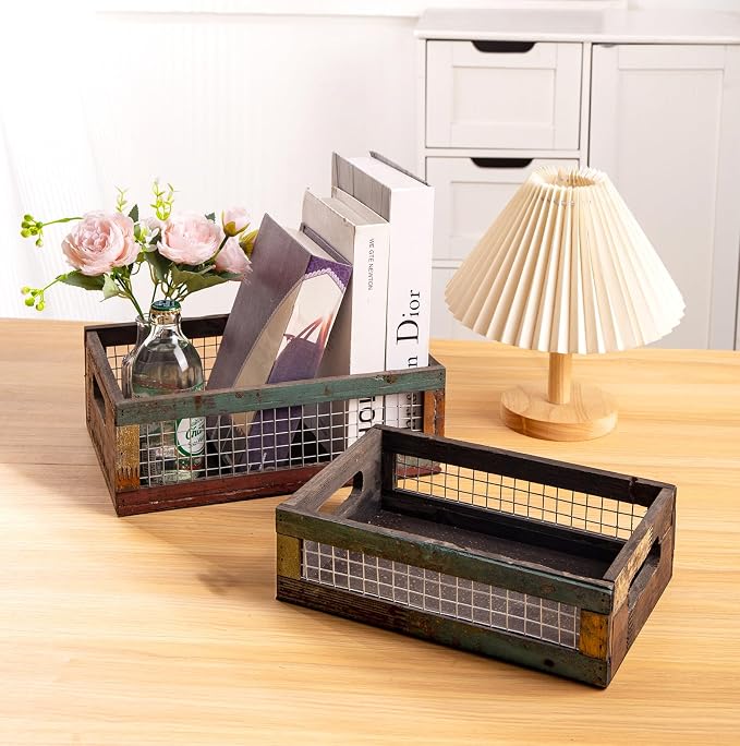 TIMRIS Set of 2 Rustic Wooden Countertop Baskets, Farmhouse Distressed Nesting - Image 8