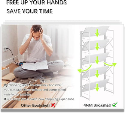 4NM 5 Tiers No Assembly Book Shelves, 51.2" H Folding Bookshelf Bookcase Open - Image 7