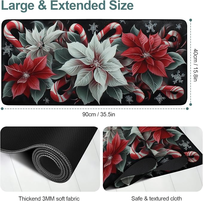 Christmas Flowers Gaming Mouse Pad 35.4"x15.7"Desk Mat Anti-Slip Rubber Base & - Image 2
