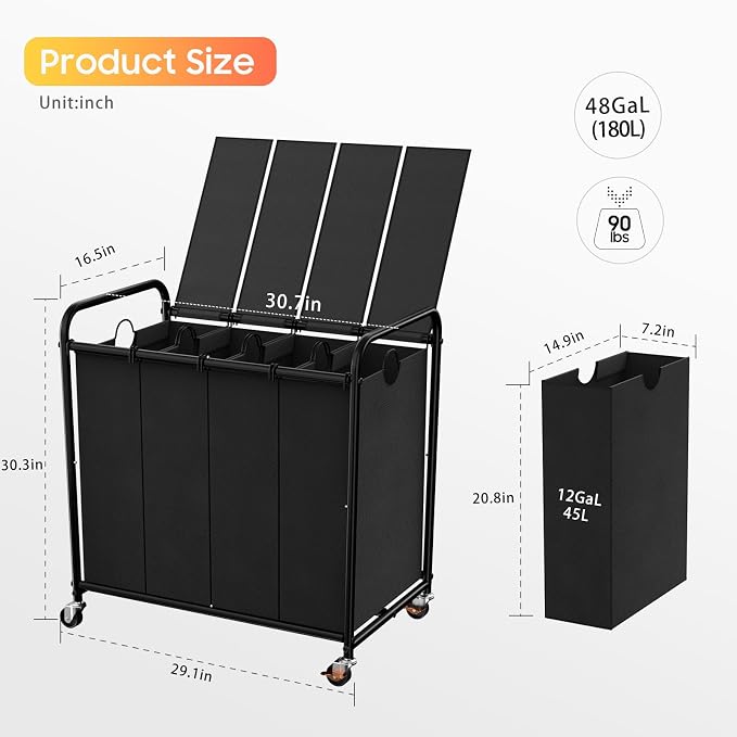 Laundry Sorter 4 Sections 48 Gal, Rolling Laundry Basket - Image 2