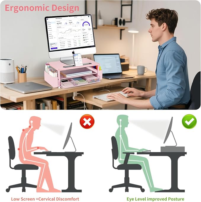AUPSEN Pink Desk Organizers and Accessories, 2-Tier Wood Computer Monitor Stand - Image 2