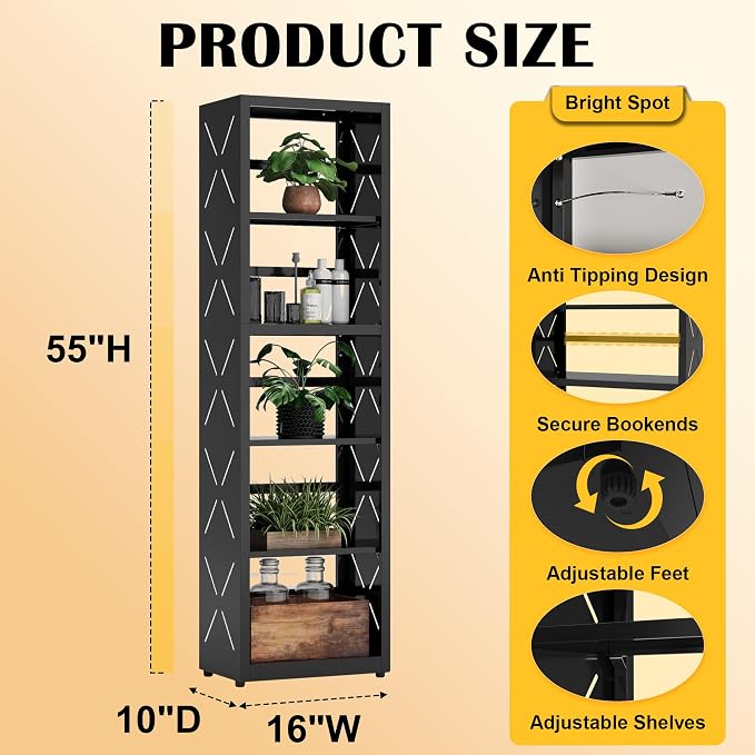 Narrow Bookshelf, 5 Tier Bookcase, Home Office Bookcase Shelf Storage Organizer - Image 3