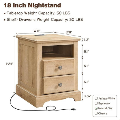 T4TREAM Nightstand with Charging Station, 18 Inch Vintage End Table with 2 - Image 2