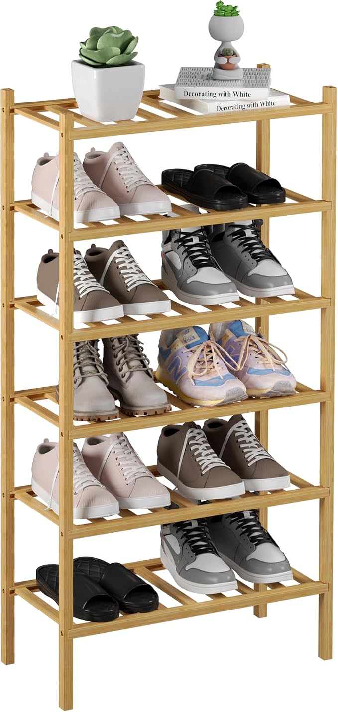 6-Tier Bamboo Small Shoe Rack, Free Standing Wood Shoe Shelf Storage Organizer by ROMGUAR+CRAFT
