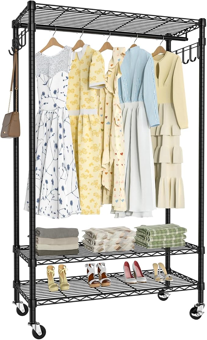 Garment Rack Heavy Duty 3 Tiers Adjustable Freestanding Metal Rolling Clothing by BLYLUND