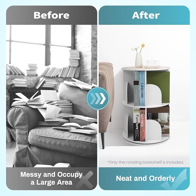 2-Tier Rotating Bookshelf 360° Revolving Bookcase, Floor Standing Bookcase Book - Image 6