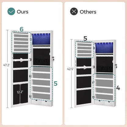 SONGMICS 6 LEDs Mirror Jewelry Cabinet, 47.2-Inch Tall Lockable Wall or Door - Image 7