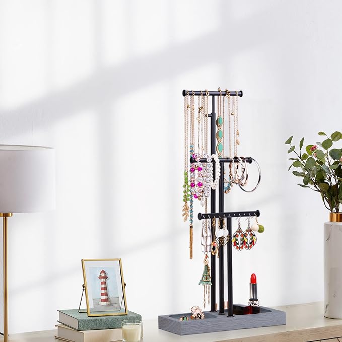 Love-KANKEI Jewelry Organizer Stand Metal & Wood Base and Large Storage - Image 7
