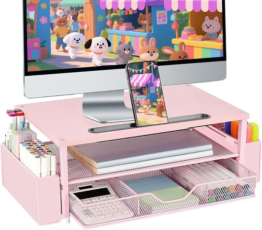 AUPSEN Pink Desk Organizers and Accessories, 2-Tier Wood Computer Monitor Stand by AUPSEN