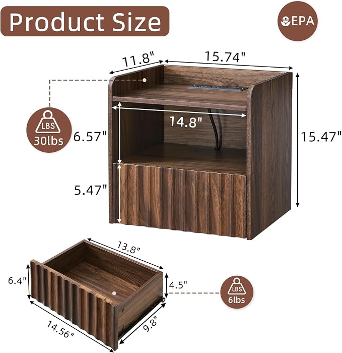 Modern Fluted Floating Nightstand Wall Mounted Set of 2- Bedside Table - Image 2