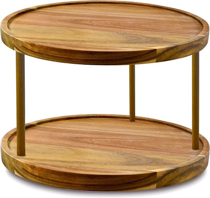 12" Two-Tier Acacia Wood Lazy Susan Organizer Kitchen Turntable by AUAM