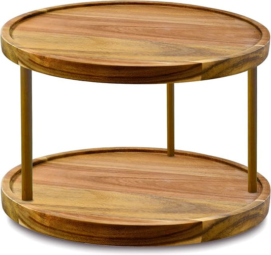 12" Two-Tier Acacia Wood Lazy Susan Organizer Kitchen Turntable by AUAM