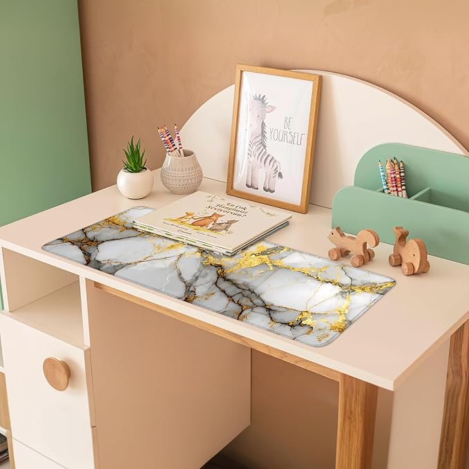 White Marble Mouse Pad – Large Extended Desk Mat 31.5 x 11.8 in– Elegant Gold - Image 3