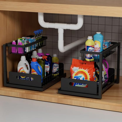 2-Tier Under Sink Slide Out Organizer, 2 Pack Pull Out Cabinet Storage Shelf by Lxmons