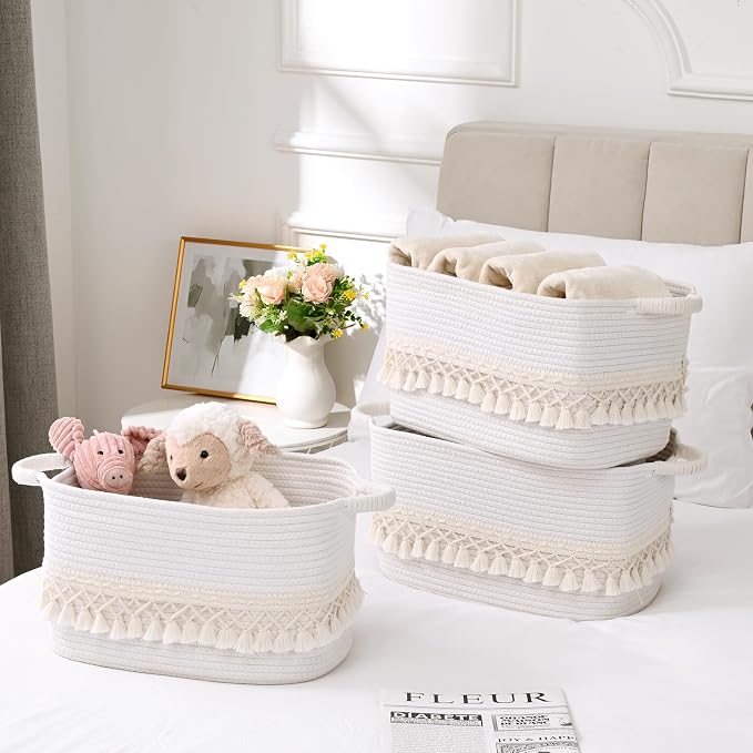 3 Pack Storage Basket for Shelves, Boho Cotton Rope Storage Bins - Image 2