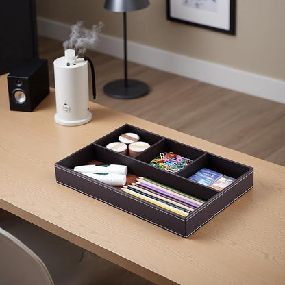 KINGFOM Pu Leather Desk Organizer Tray, 4 Compartment Office Storage Supplies - Image 4