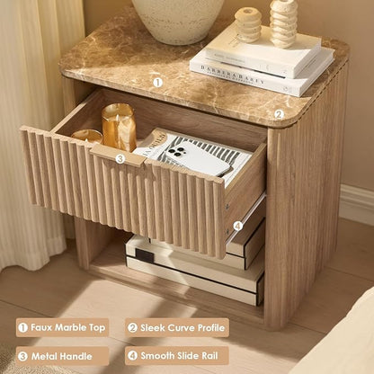 Fluted Nightstand with Drawer, Bedside Table with Faux Marble-Top, Engineered - Image 3