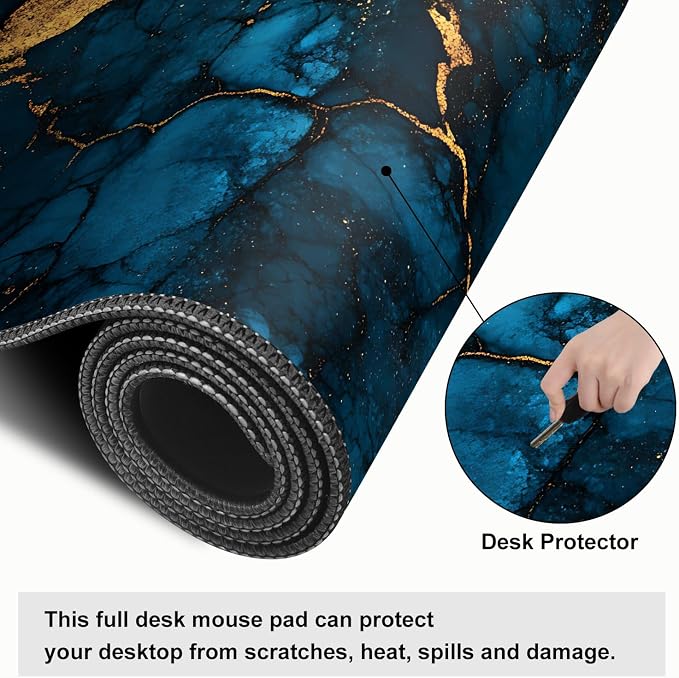 Blue Marble Gold Vein Mouse Pad – Large Extended Desk Mat 31.5 x 11.8 in– - Image 4