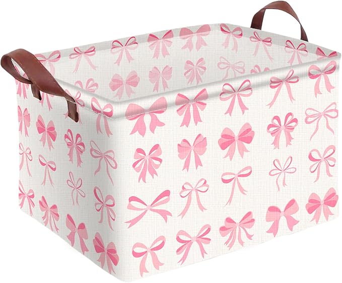 Pink Bow Decor Storage Basket Waterproof Canvas Toy Storage Bin Coquette Room by AmazerPad