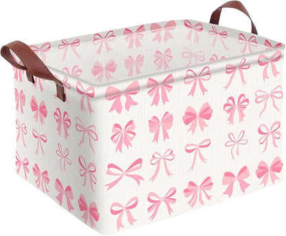 Pink Bow Decor Storage Basket Waterproof Canvas Toy Storage Bin Coquette Room by AmazerPad