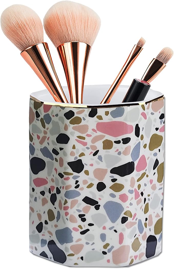 Pen Holder, Makeup Brush Holder Ceramic Shiny Gold Terrazzo Marble Stone - Image 3