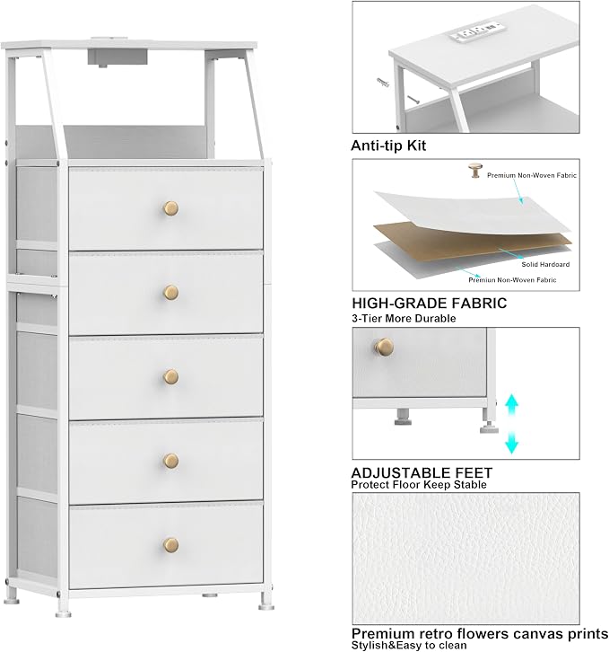 Tohomeor Dresser with Fabric Drawers Nightstand with 2 Tier Shelf Storage Tower - Image 6
