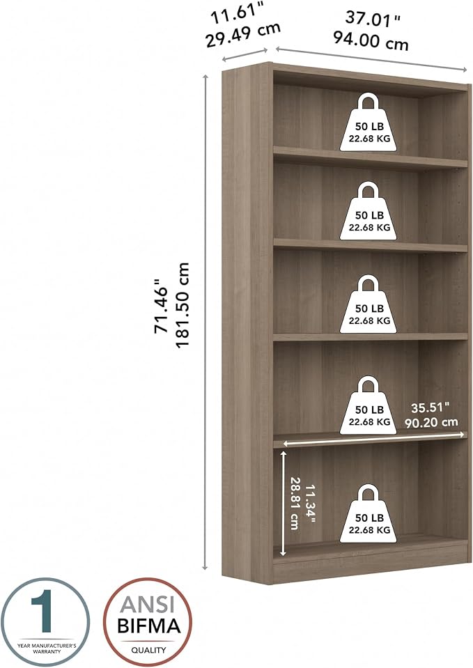 Bush Furniture Universal Tall 5 Shelf Bookcase in Ash Gray, Vertical Storage - Image 3