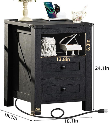 Nightstand with Charging Station, Farmhouse Night Stand with 2 Drawers and - Image 2