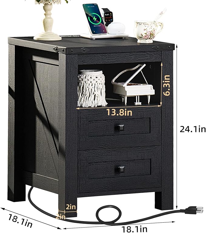Night Stands with Charging Station Set of 2, Farmhouse Nightstand, Wooden - Image 3