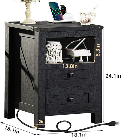 Night Stands with Charging Station Set of 2, Farmhouse Nightstand, Wooden - Image 3